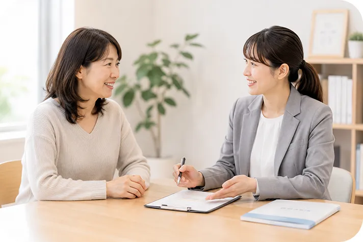 個別相談で保護者の話を聞く教職員